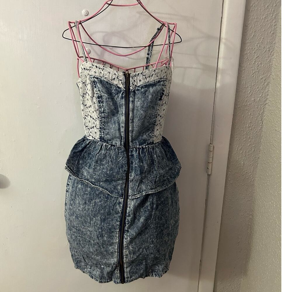 Mimi Chica Exposed Zip Front Peplum Lace Denim Dress 80s Y2K Retro S Coquette